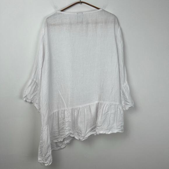 Match Point USA L 100% Linen Ruffle Hem Tunic Top White Asymmetrical Lag﻿enlook - Picture 4 of 7